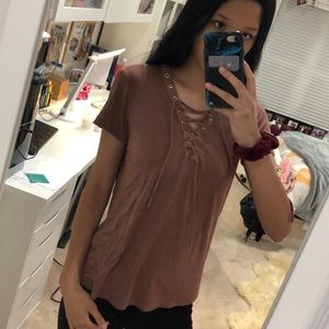 Brown lace up t shirt